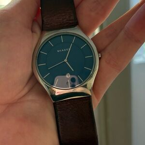 Skagen Blue Dial Watch with Brown Leather Strap